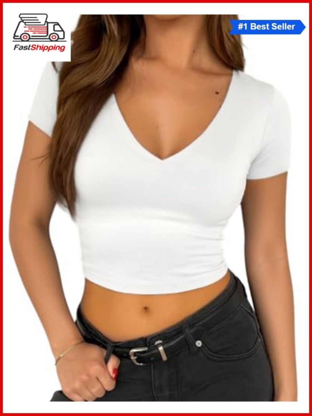 ✨ Womens Double Lined Short Sleeve Crop Top V Neck Slim Fit Basic Tee